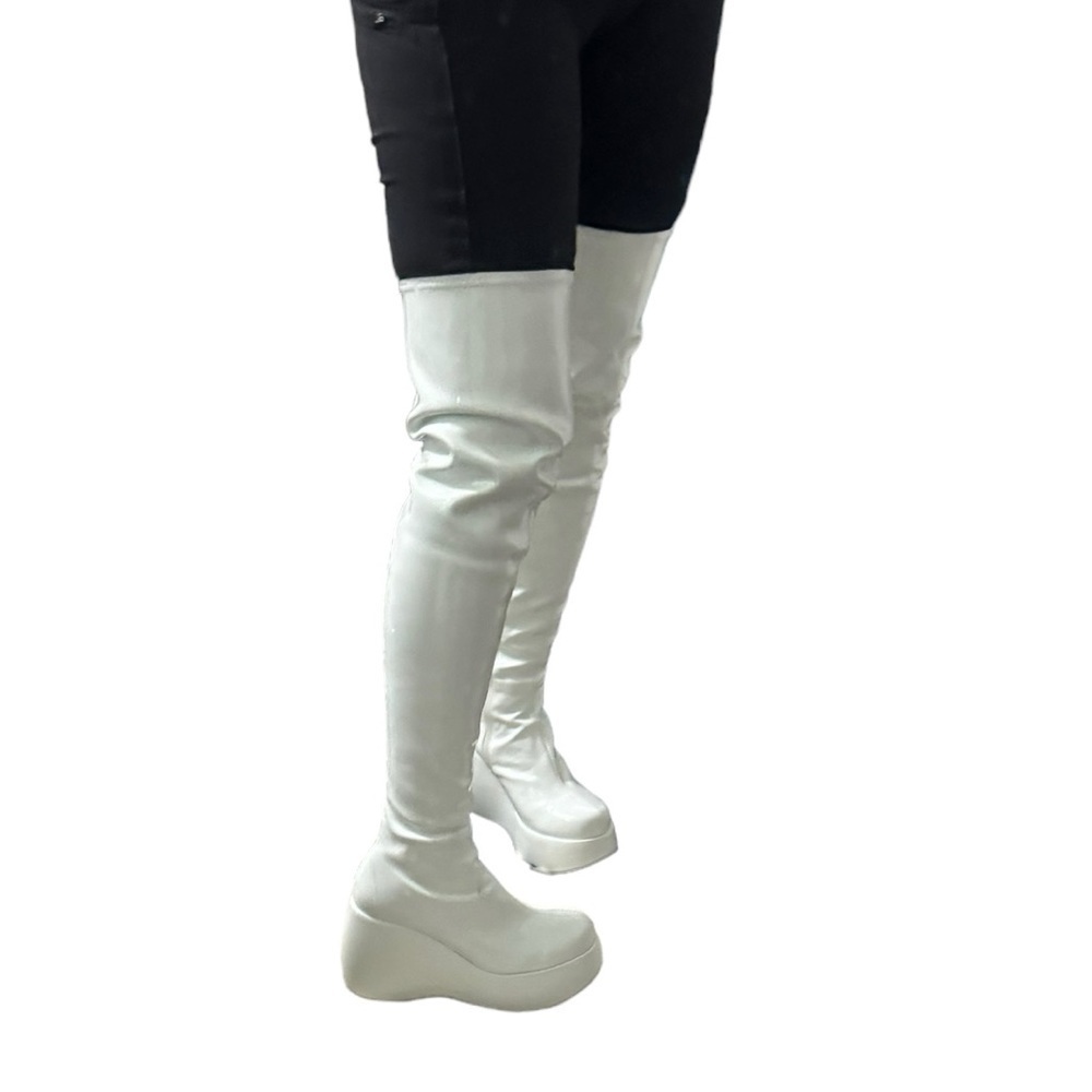 Alita Crisp White Thigh Pleather Platform Boots by Jeffery Campbell
